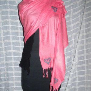 Salmon Pashmina (Cashmere/Silk) Embroidered Hearts